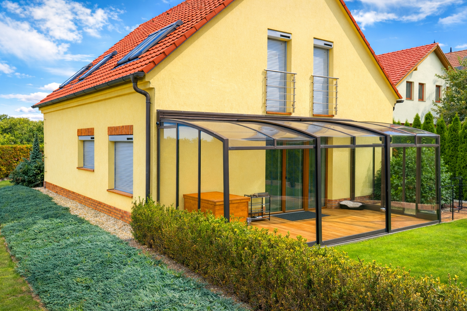 Rodinný dům se žlutou fasádou a červenou střechou s prosklenou terasou a venkovními roletami na oknech — elektrické stínění oken bez bourání v praxi.