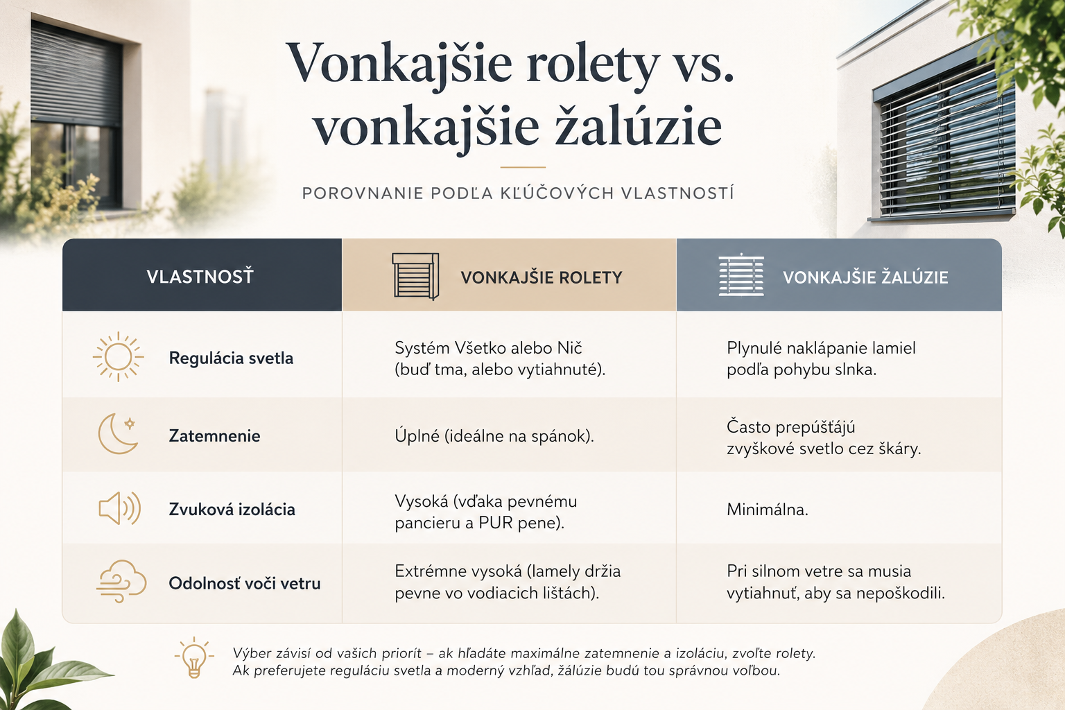 vonkajšie rolety versus vonkajšie žalúzie, porovnanie, infografika