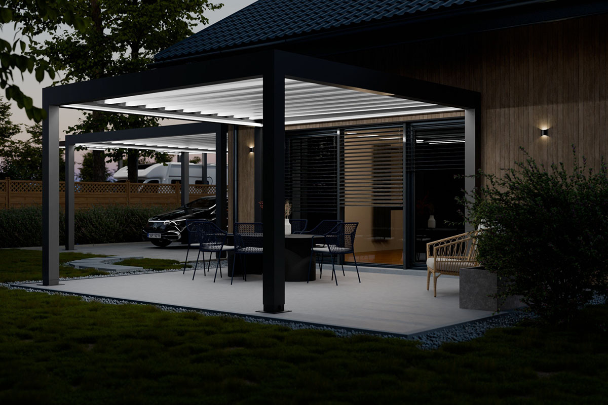 Pergola na terase s pevnou střechou a LED osvětlením